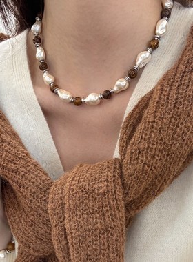 日本品质秋冬季美拉德风人造巴洛克珍珠纹木间隔项链新中式百搭简