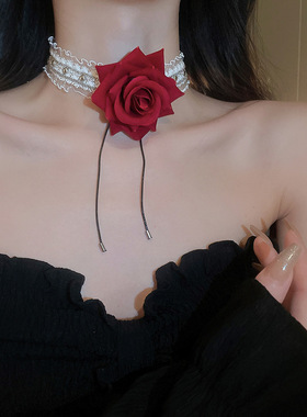 SEVER少女： 纯欲蕾丝颈带红色玫瑰花项链女轻奢颈链高级感choker