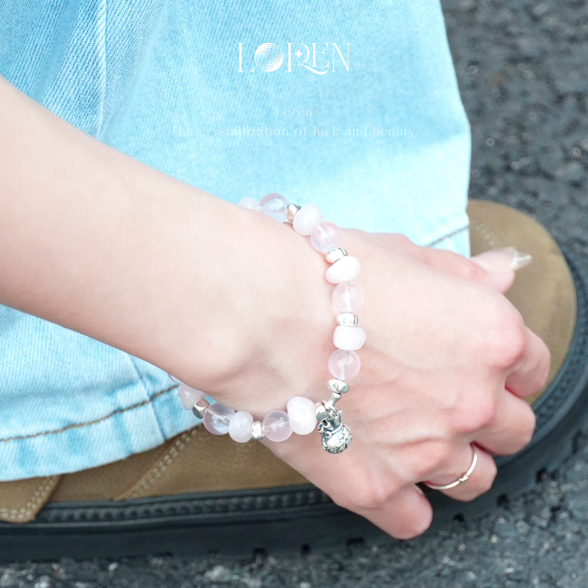 LOREN EYE 天然粉水晶手串S925银招财福袋莫桑比克粉水晶手链女款,淘宝优惠券,粉丝福利购,淘宝优惠卷