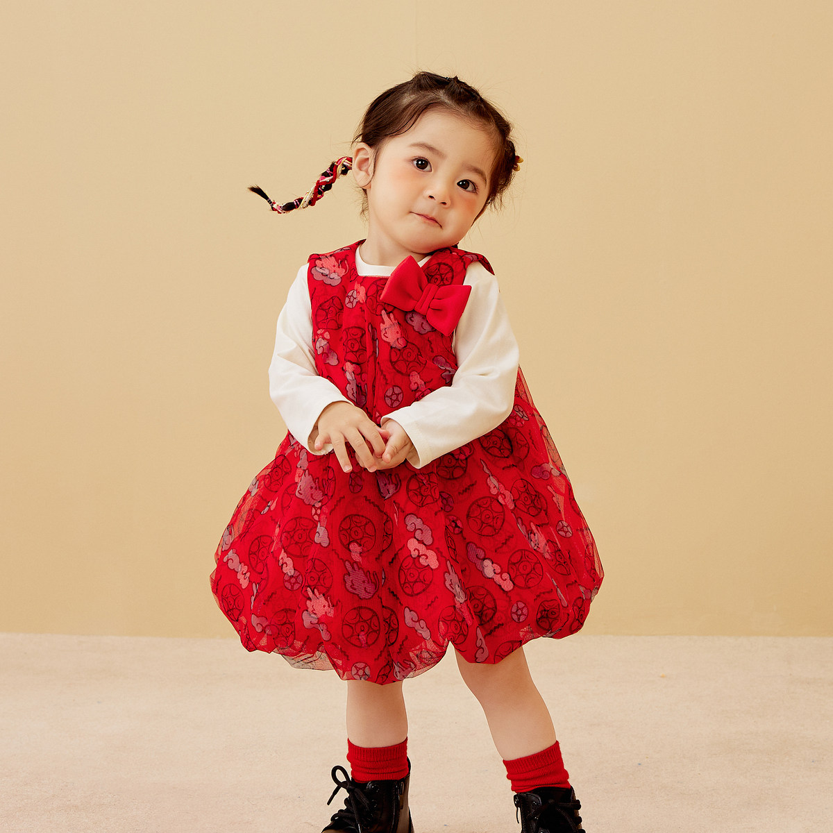 迷你巴拉巴拉女童新年红色连衣裙拜年服秋季儿童网纱洋气公主裙子,淘宝优惠券,粉丝福利购,淘宝优惠卷