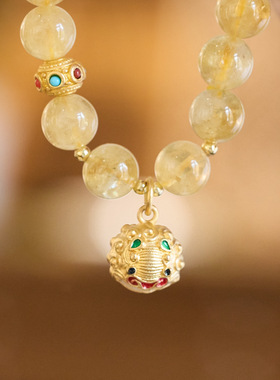 天然8MM黄水晶手链女多宝鱼铃铛黄水晶手串闺蜜礼物
