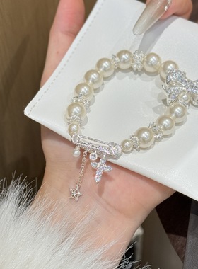 甜酷公主风正圆施家珍珠满钻蝴蝶结回形针重工手链气质高级感手串