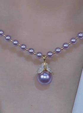 新款紫色珍珠方形水晶方块项链简约紫霞仙子锁骨链气质百搭项链