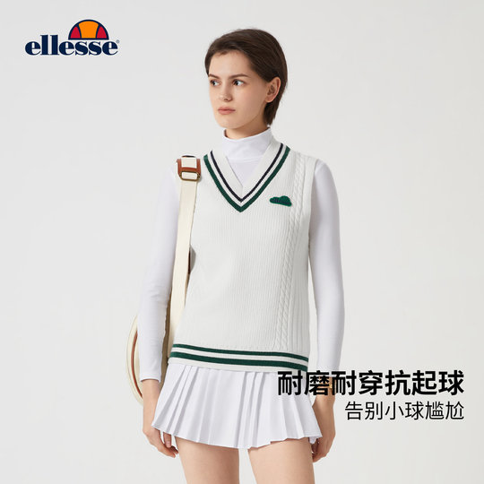 ellesse小贝壳复古学院风经典撞色V领背心女秋冬抗起球毛衣马甲
