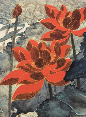 张大千金线红荷花中式花卉字画竖