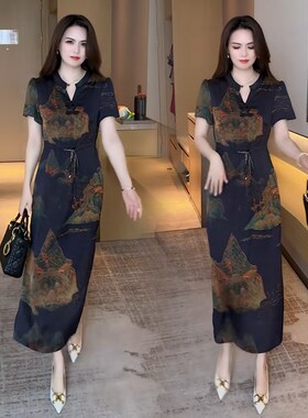 新中式短袖连衣裙女夏季2024新款长款过膝设计感开叉收腰显瘦裙子