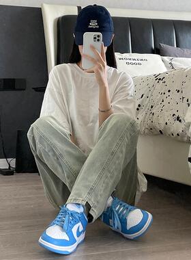 美式vibe裤子高街弹力黄泥染直筒微喇牛仔裤男修身小脚做旧休闲裤