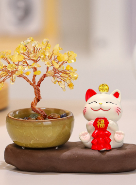 福气招财猫天然黄水晶发财树摆件
