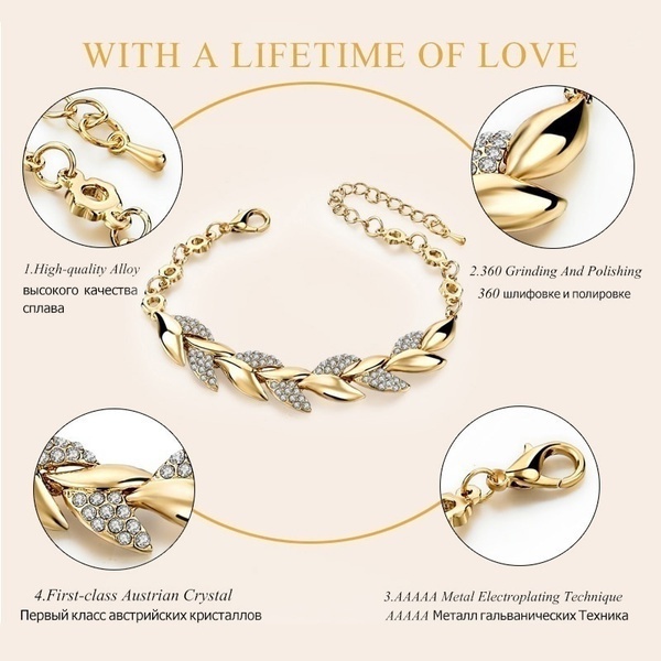 网红Luxury Love Braided Leaf Bracelet Charm Crystal Wedding - 图2