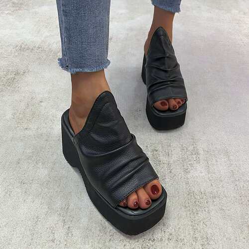 women shoes女夏新款松糕厚底一字褶皱大码鱼嘴凉拖外贸女拖2024 - 图0