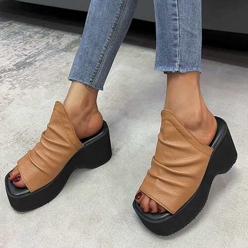 women shoes女夏新款松糕厚底一字褶皱大码鱼嘴凉拖外贸女拖2024 - 图1