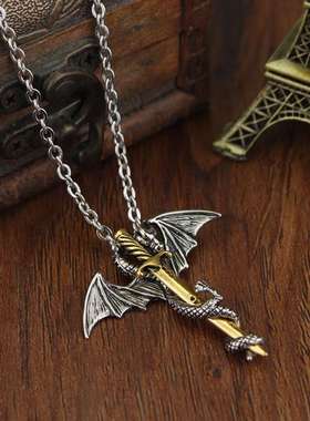 WISH欧美潮男摇滚时尚翼龙金色宝剑男士合金项链毛衣链