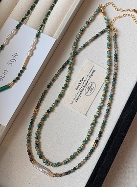 银条淡水珍珠绿色玛瑙串珠项链