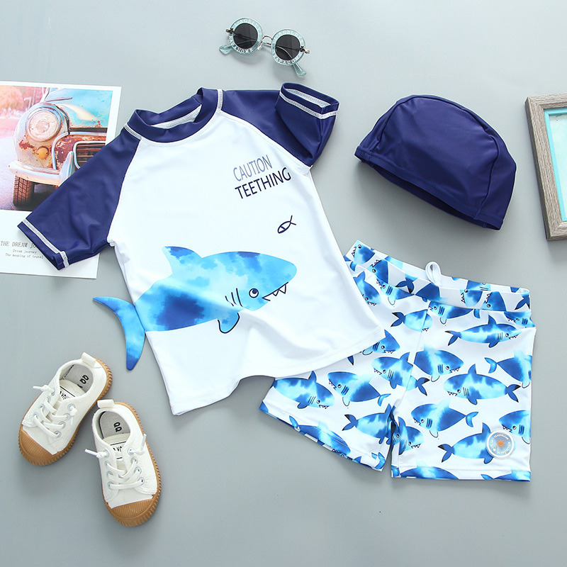 网红1-6 Years Baby Boy Swimwear Blue Shark Print Short Sleev-图0