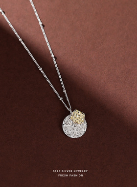 欧美风S925复古纹理雕刻圆牌项链