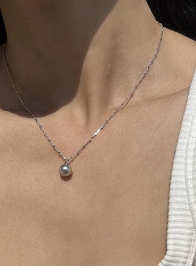 高级感锁骨链清冷高级银灰色正圆强光珍珠S925银项链轻奢女款9-22