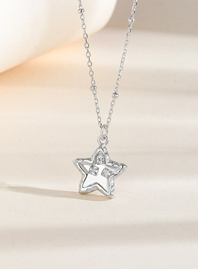 镶钻锤纹星星S925纯银五角星项链