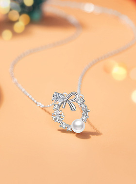 圣诞雪花S925蝴蝶结吊坠锁骨链女