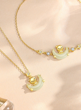 S925纯银月亮船萌蛇和田玉手链女