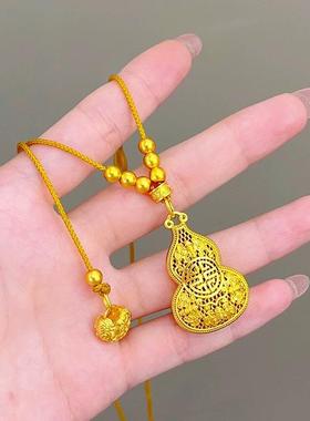 新中式镂空花丝葫芦吊坠毛衣链仿真锡金黄金色项链国潮风金店同款