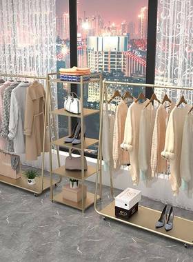 fc服装店包架展示架金色服装架女装店货架落地式简约衣帽衣架带轮