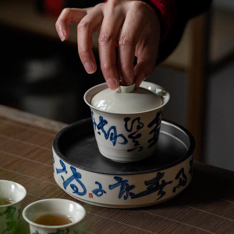 草木灰手写诗文盖碗茶杯复古手工陶瓷茶碗仿古手绘单个手抓泡茶碗,淘宝优惠券,粉丝福利购,淘宝优惠卷