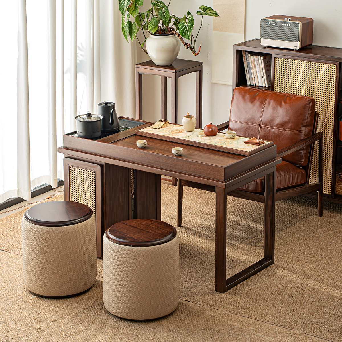 新中式阳台茶桌茶台小户型一体桌高端岩板黑胡桃色禅意泡茶奢石,淘宝优惠券,粉丝福利购,淘宝优惠卷