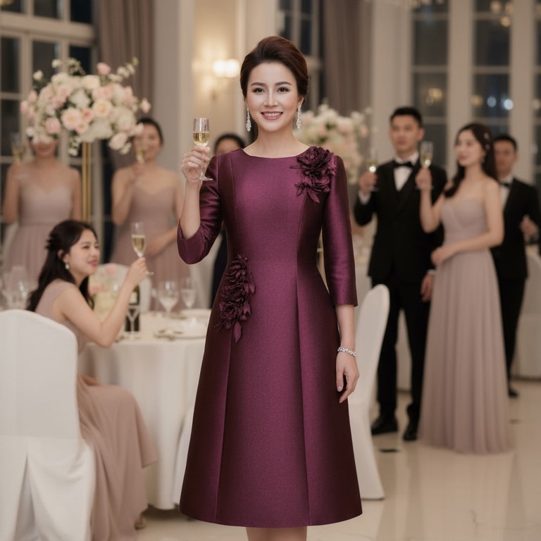 2025秋冬新款高贵酒红立体花喜妈妈婚宴礼服优雅A字裙 宴会礼服裙 - 图3