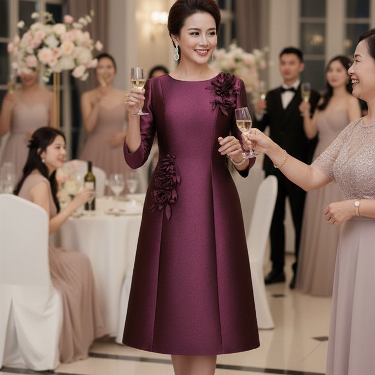 2025秋冬新款高贵酒红立体花喜妈妈婚宴礼服优雅A字裙 宴会礼服裙 - 图0