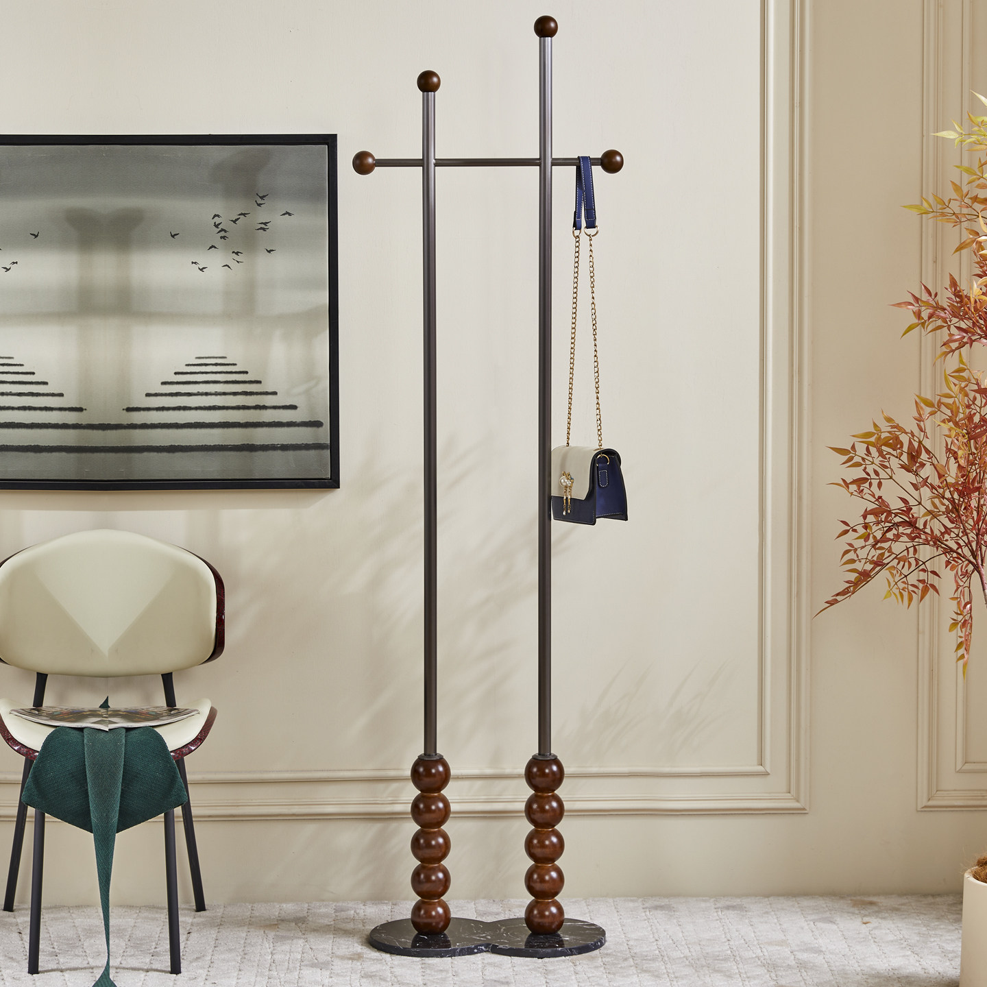 落地挂衣架卧室立式中古风衣服架子不锈钢衣帽架家用转角入户衣架 - 图0