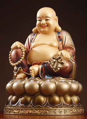 热销盛唐彩绘弥勒佛大肚开心笑佛像铜弥勒佛菩萨招财摆件太古大肚