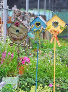 铁艺小树屋花插 鸟屋白色做旧 蓝色欧式乡村风格花园庭院装饰摆件