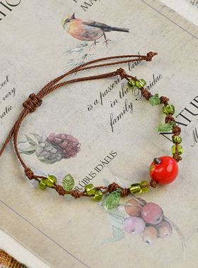 景德镇小清新圣诞苹果陶瓷编绳手链平安手绳文艺手饰礼物