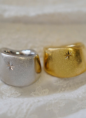 原创八芒星喷砂镀金宽面个性银戒ins夸张日杂时尚风小众设计指环
