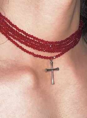 轻奢精致多层红色串珠十字架吊坠项链女甜酷个性小众高级感锁骨链