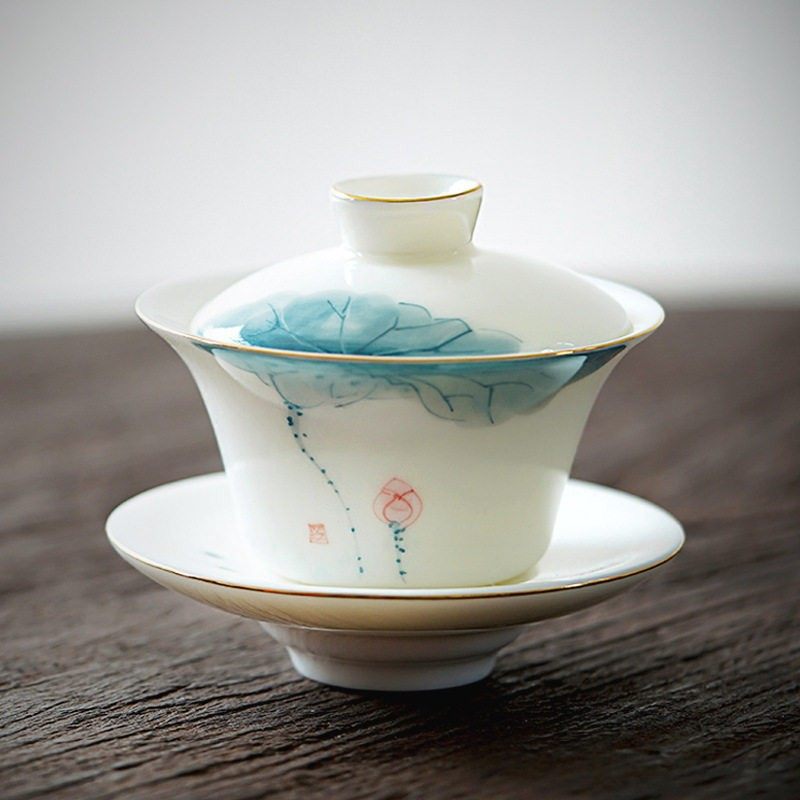 中国白羊脂玉三才茶盖碗茶杯手绘荷花白瓷功夫茶具套装手抓茶碗,淘宝优惠券,粉丝福利购,淘宝优惠卷