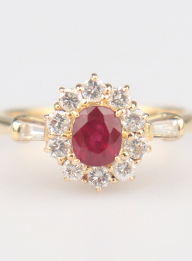 中古95新日本进口商品椭圆形切工红宝石钻石戒指K18黄金49号