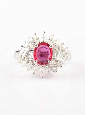 中古95新日本进口商品椭圆形切工红宝石钻石铂金90049号戒指