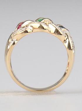 中古95新日本进口商品编织造型红蓝宝祖母绿钻石戒指K18黄金54号