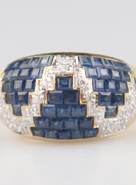 中古95新日本进口商品神秘镶嵌蓝宝石钻石戒指18K黄金545号