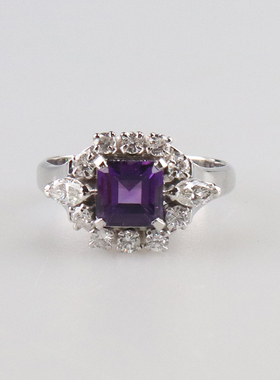 中古95新VINTAGE日本进口商品复古方形切工紫晶钻石铂金850戒指