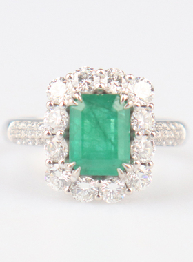 【自营】中古95新祖母绿群镶钻石戒指18K白金52号