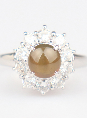 中古95新日本进口商品凸圆形切工猫眼石钻石戒指铂金900 52号