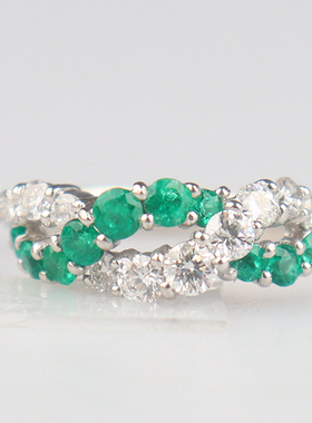 中古95新日本进口商品交叉型祖母绿钻石戒指铂金900 525号