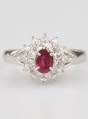 中古95新日本进口商品椭圆形切工群镶红宝石钻石戒指铂金90055号