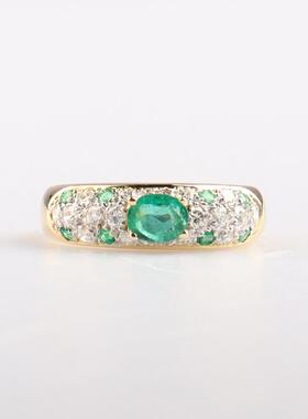 中古95新日本进口商品椭圆形切工祖母绿钻石750黄金52号戒指