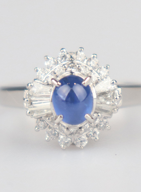 中古95新日本进口商品凸圆形切工星光蓝宝石钻石戒指铂金90058号