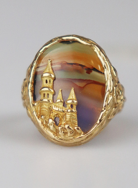 「9.5新」-悬崖上的城堡玛瑙戒指18K黄金52号