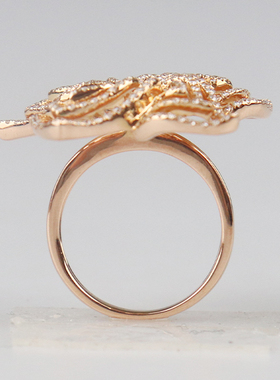 「9.5新」日本进口商品花型群镶钻石戒指K18玫瑰金55号