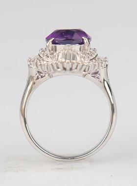 中古95新日本进口商品椭圆形切工紫水晶群镶钻石戒指铂金90054号
